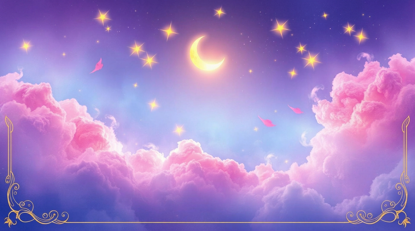 Cielo místico luminoso con luna dorada y nubes rosadas